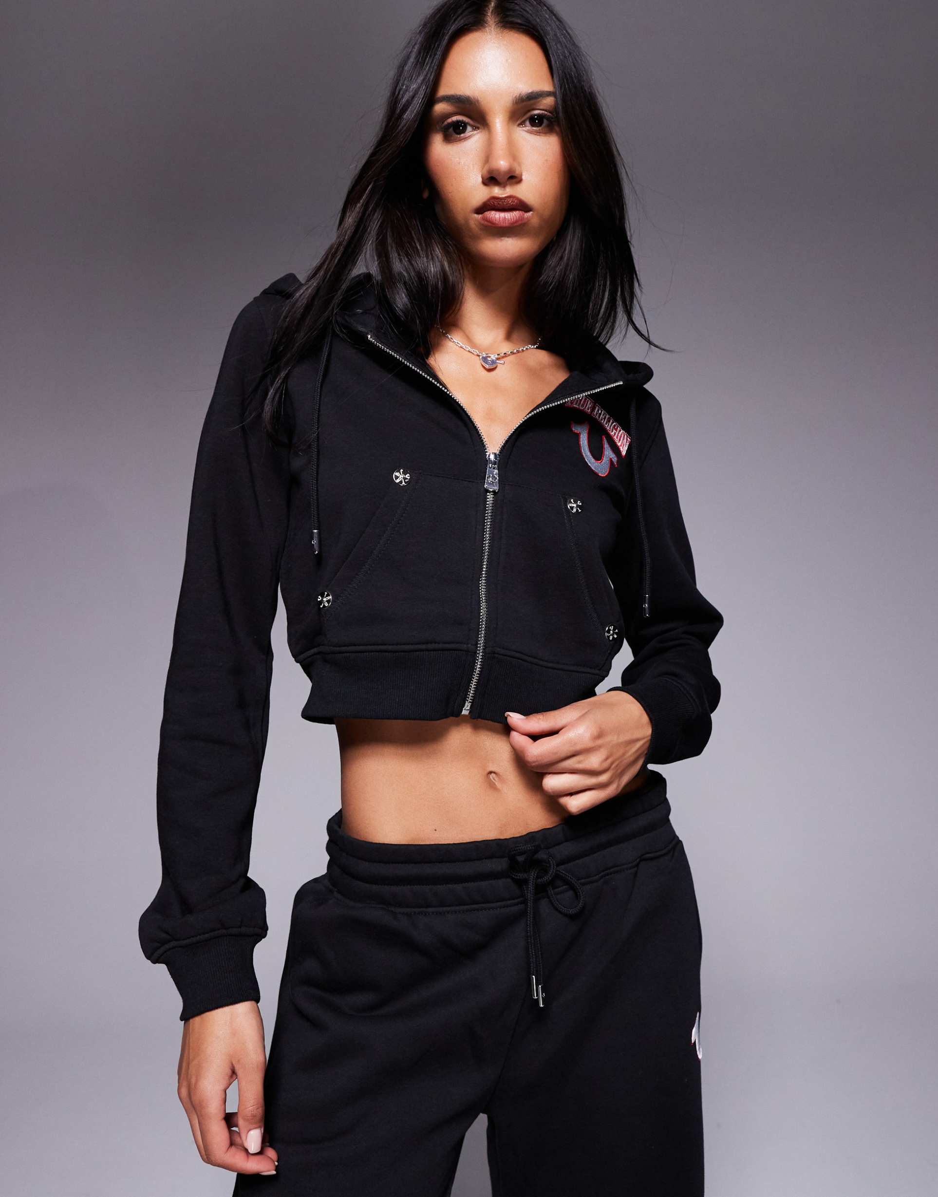 true religion embroidered back cropped zip hoodie in black