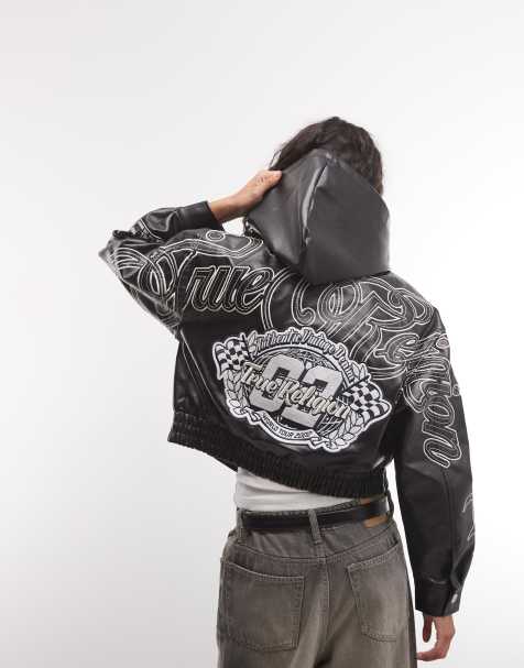 True Religion embroidered back graphic faux leather hooded jacket in black - view 1