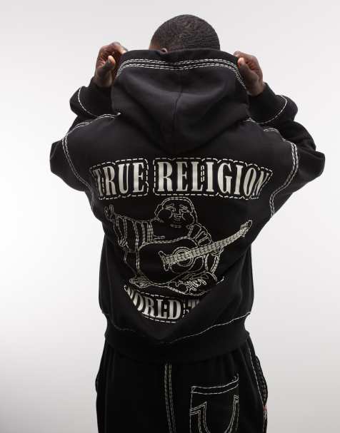 True Religion - Felpa con cappuccio e zip nera con cuciture a contrasto e grafica sul retro - view 1
