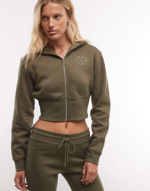 True Religion felpa corta con cappuccio e zip con borchie coordinata in verde scuro, 1 di 4