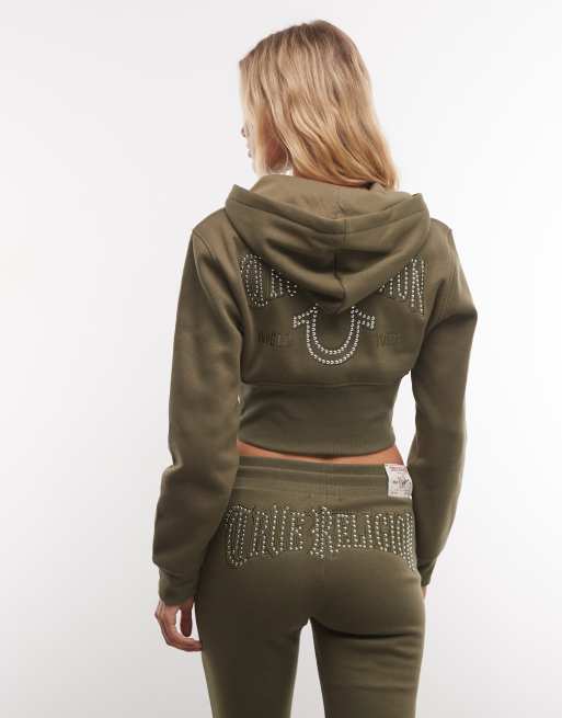 True Religion felpa corta con cappuccio e zip con borchie coordinata in verde scuro, 4 di 4
