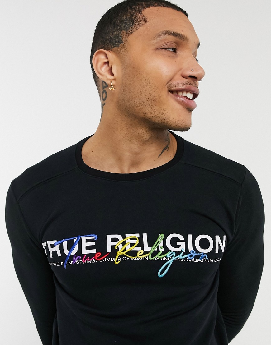 True Religion - Felpa nera con scritta del logo ricamata-Nero