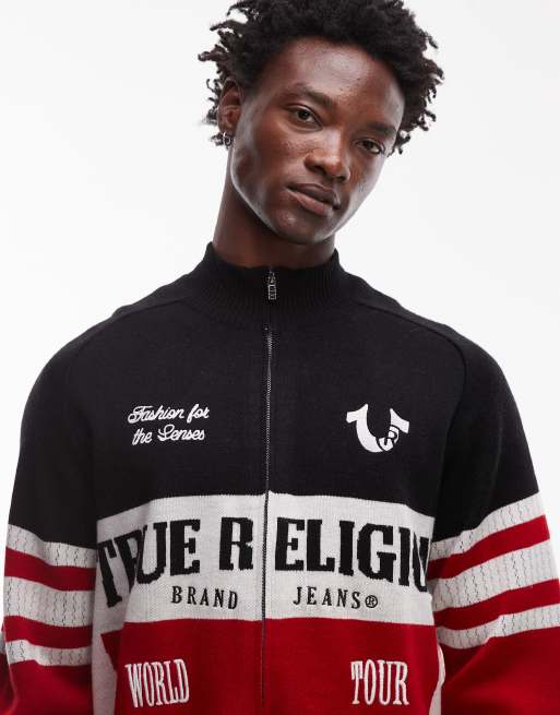 True Religion – Flerfärgad, stickad racingjacka med dragkedja, raglanärmar och kontrastpaneler, 4 av 5