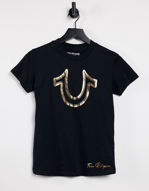 True Religion foil logo slim crew neck t shirt in black