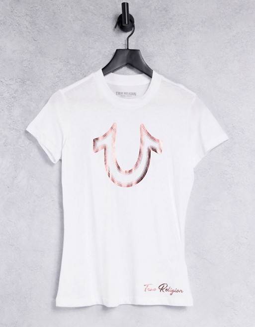 True Religion foil logo slim crew neck t shirt in white