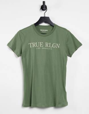 True Religion front logo slim crew t-shirt in olive green