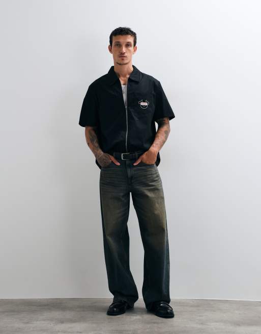 True Religion full zip through short sleeve buddha back print shirt in black, 3 of 5