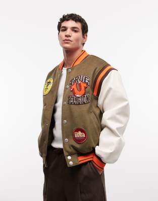 True Religion garden logo retro varsity jacket in capers green & winter white