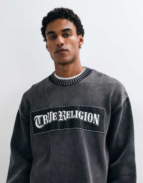 True Religion gebreide trui met ronde hals en denim applicatie in antracietgrijs - view 1