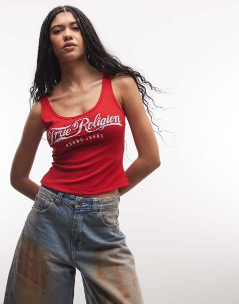 True Religion - Geribbelde tanktop met vierkante hals in rood - view 1