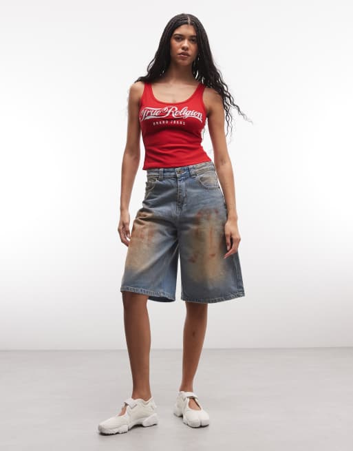 True Religion – Geripptes Tanktop in Salsa mit eckigem Ausschnitt, 2 von 4