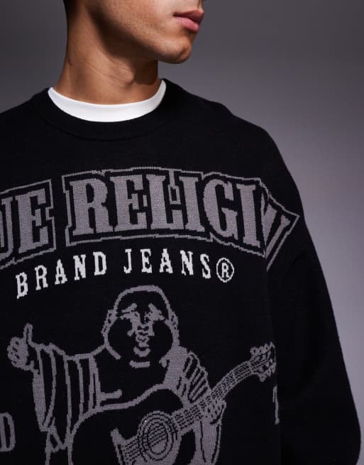True Religion - Getailleerde gebreide trui met grafisch logo in zwart, 5 van 5