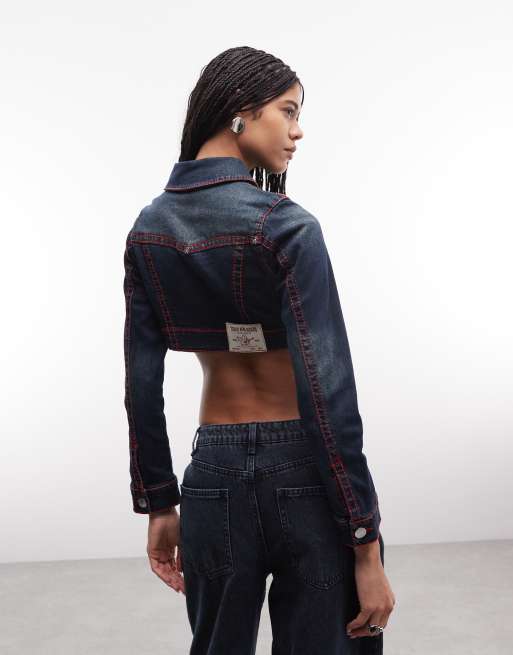 True Religion - Giacca di jeans taglio corto blu scuro con cuciture a contrasto, 4 di 4