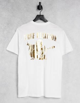 True Religion Gold Outline Buddha Logo Crew Neck T-shirt-white In White