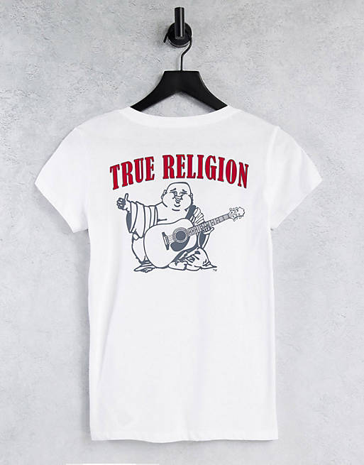 True Religion graphic buddha back print deep v tee in white