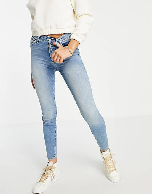 True Religion halle high rise exposed button straight leg jeans in 5 am light