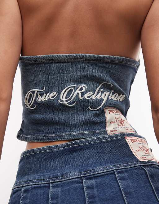 True Religion halter neck denim waistcoat style crop top in dark blue wash, 3 of 4