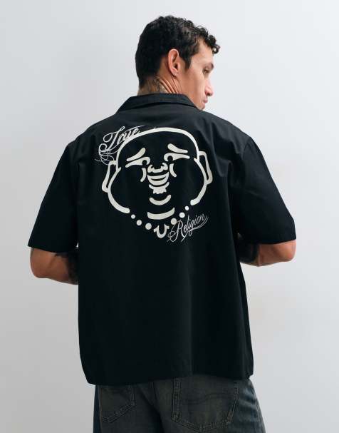 True Religion Hemd mit durchgehendem Reißverschluss, kurzen Ärmeln und Buddha-Print auf der Rückseite in Schwarz - view 1