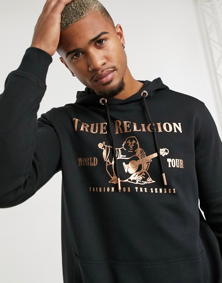 True Religion - Hoodie in zwart met gouden logo op de voorkant
