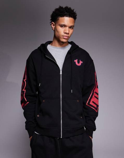 True Religion - Hoodie met gebogen logo, rits en print op de achterkant in zwart, deel van co-ord set - view 1