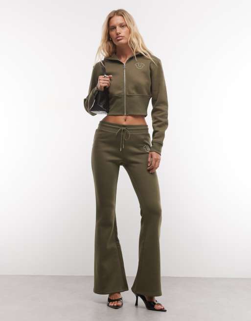 True Religion hoodie met studs, rits en cropped lengte in donkergroen, 2 van 4