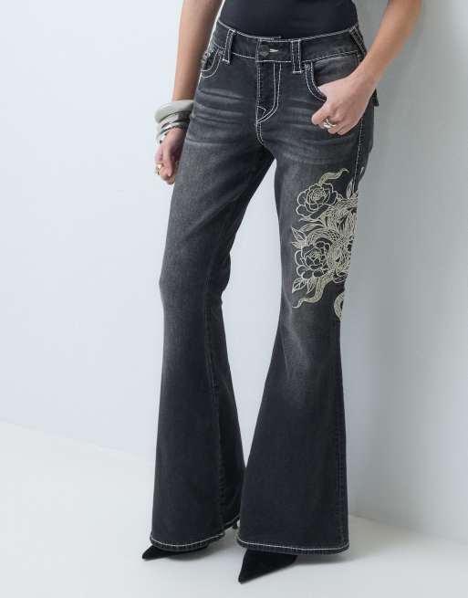 True Religion jean évasé taille mi-haute brodé serpent noir délavé, 3 de 5