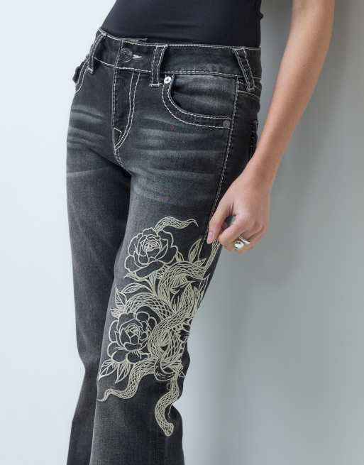 True Religion jean évasé taille mi-haute brodé serpent noir délavé, 5 de 5