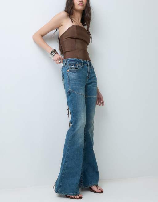 True Religion jean évasé ultra à lacets taille mi-haute en bleu délavé moyen, 4 de 5