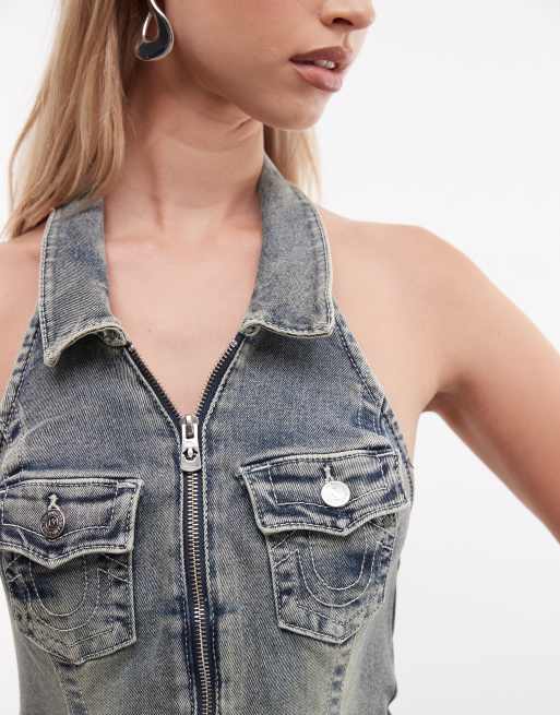 True Religion jennie denim zip up halterneck playsuit in vintage wash, 4 of 4