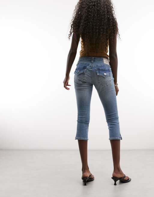 True Religion jennie mid rise flap pocket denim capri pants in midwash blue, 3 of 5