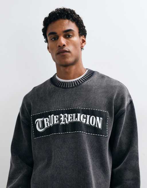 True Religion jersey de punto con aplique vaquero y cuello redondo en negro, 3 de 5