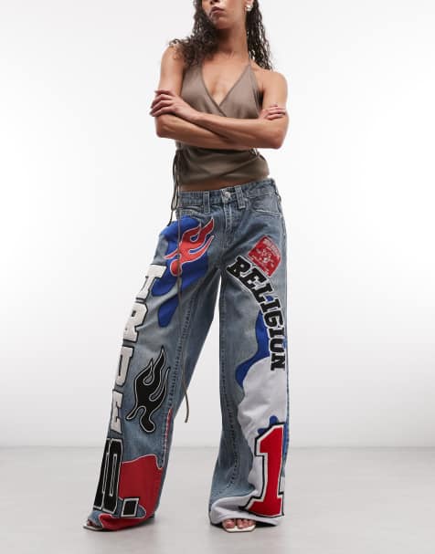 True Religion - Jessie - Super baggy jeans met patchdetail in blauw met lichte wassing - view 1