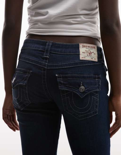 True Religion joey low rise flap pocket flare jeans in dark blue wash, 4 of 5