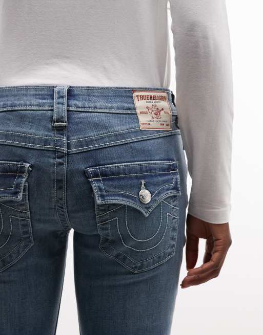 True Religion joey low rise flare jeans in mid wash blue, 4 of 5