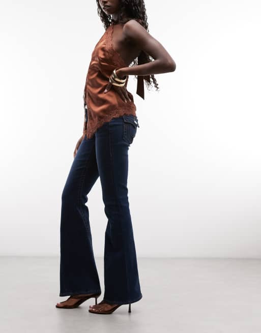 True Religion joey mid rise flap pocket flare jeans in dark wash blue, 2 of 5