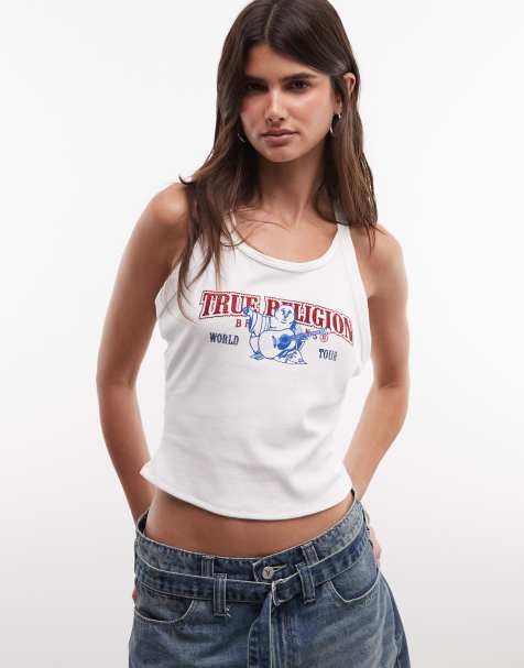 True Religion klassisk logo tanktop med rhinsten og racerryg i hvid - view 1