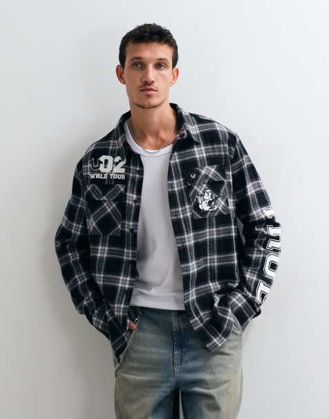 True Religion koszula flanelowa z nadrukiem na plecach w kolorze czarno-szarym - view 1