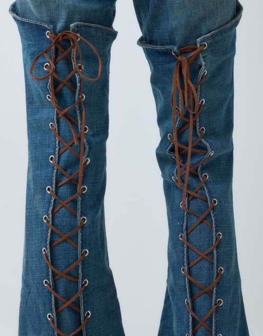 True Religion lace up mid rise ultra flare jeans in midwash blue, 3 of 5