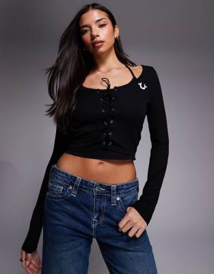 True Religion - Langärmliges, geripptes Neckholder-Oberteil mit Schnürung in Schwarz
