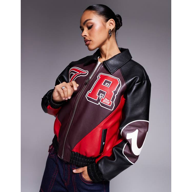 True Religion leather look color block logo varsity jacket in