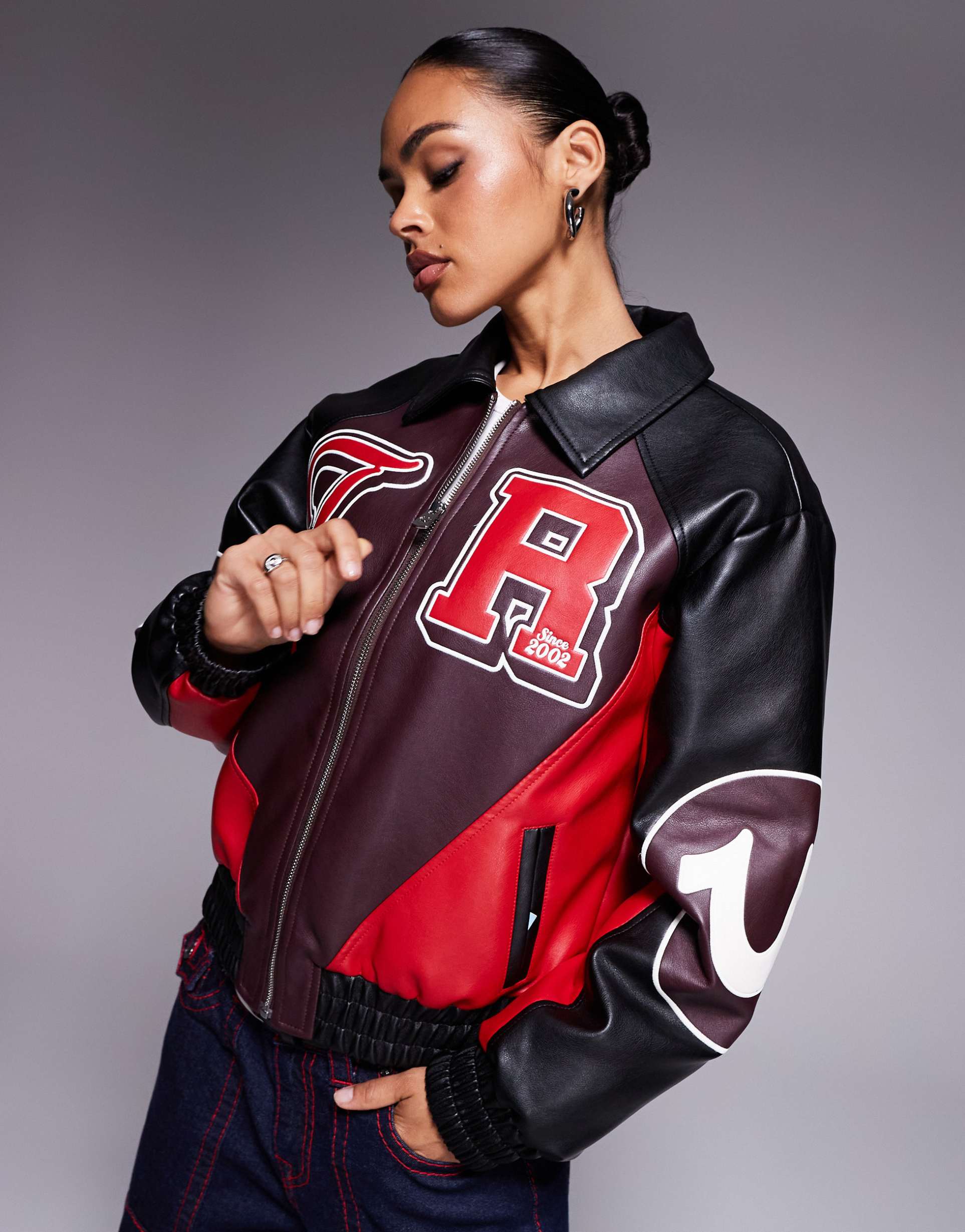 true religion leather look color block logo varsity jacket in multi