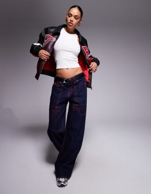 True Religion Leather Look Color Block Logo Varsity Jacket In Multi