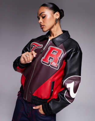 True Religion True Religion leather look colour block logo varsity jacket in multi