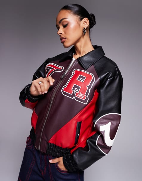 True Religion leather look colour block logo varsity jacket in multi - view 1