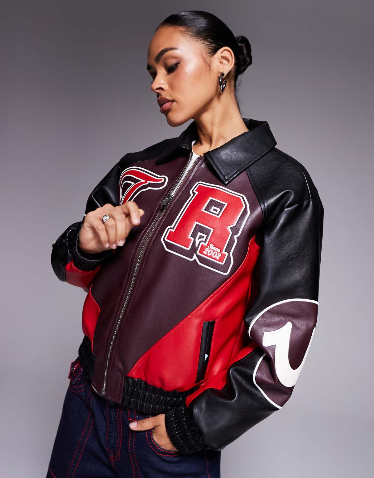 True Religion leather look colour block logo varsity jacket in multi