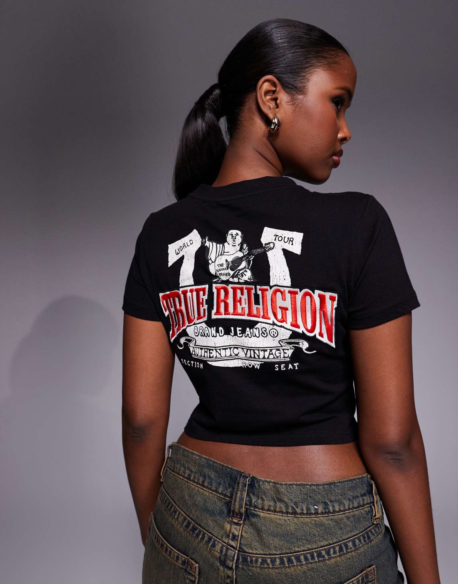 Детская футболка с логотипом True Religion черного цвета с принтом сзади