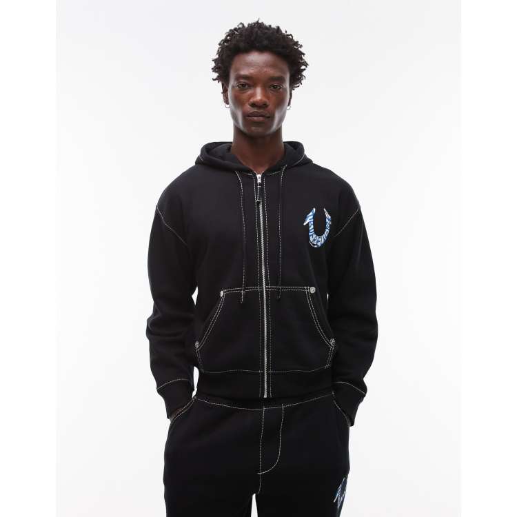 True Religion logo back detail zip through sweats hoodie in black
