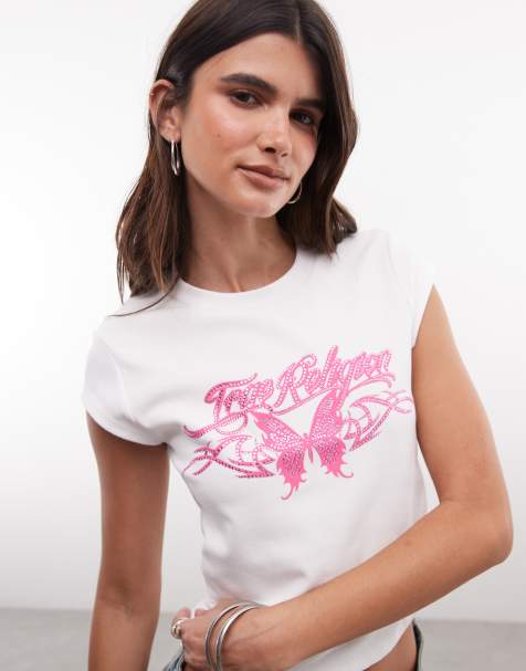 True Religion logo crystal embellished crop top with side rouching in white - view 1