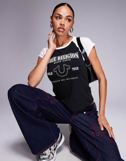 True Religion logo detail raglan baby tee in black multi