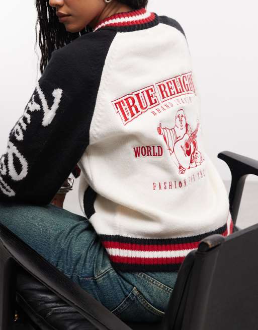 True Religion logo raglan zip through cardigan in black/white, 3 of 4